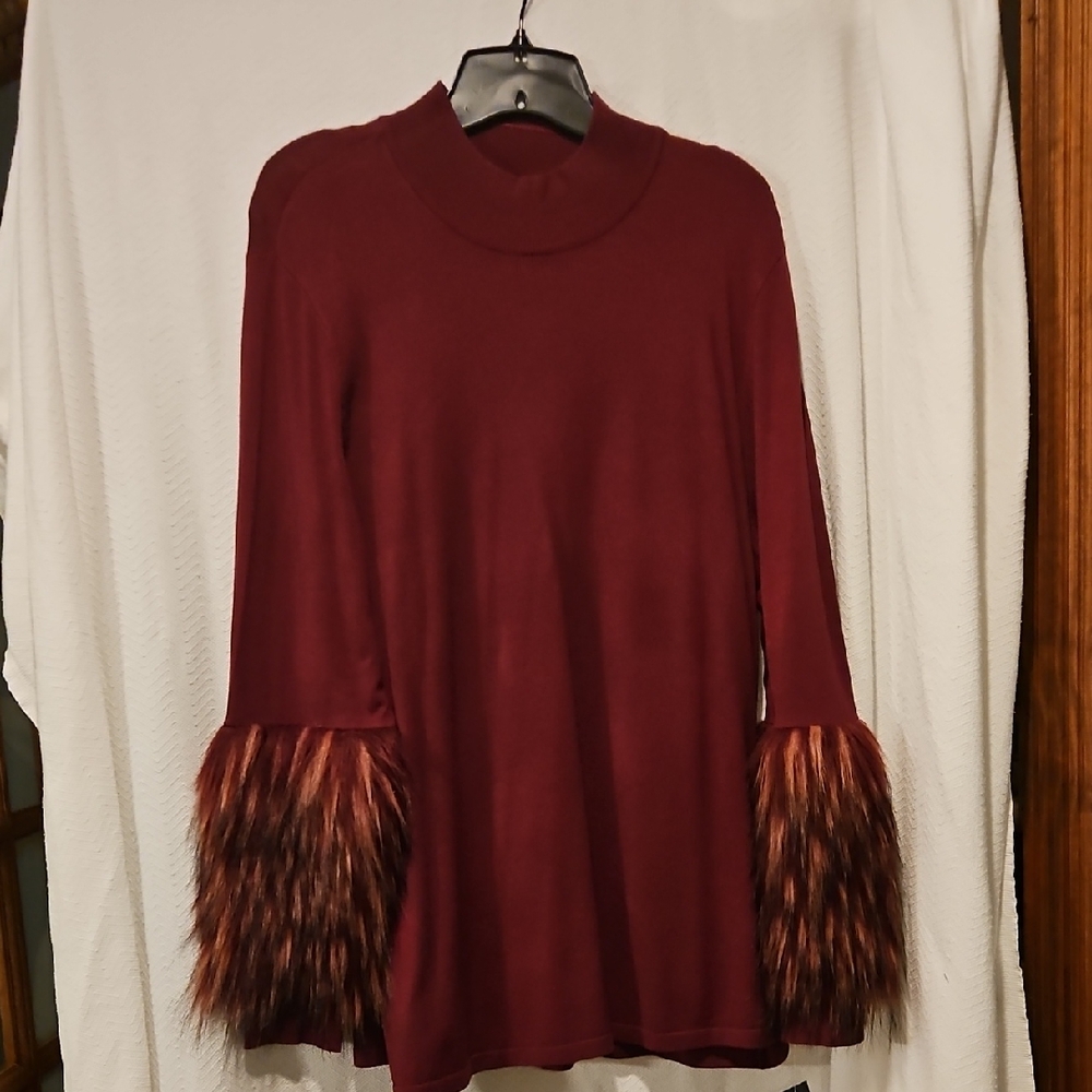 Chic Burgundy Sweater with Faux Fur Cuffs